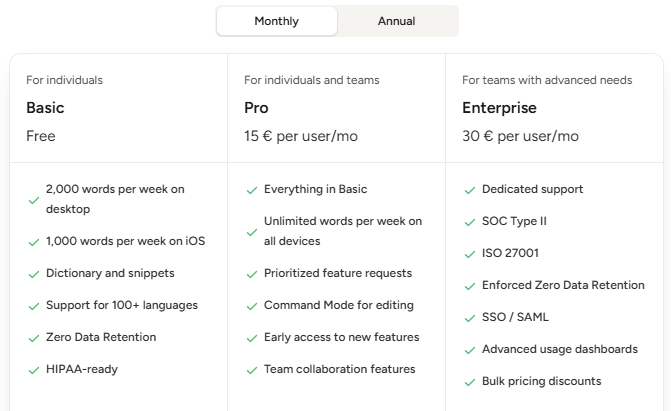 Wispr Flow — page de facturation avec les plans mensuels