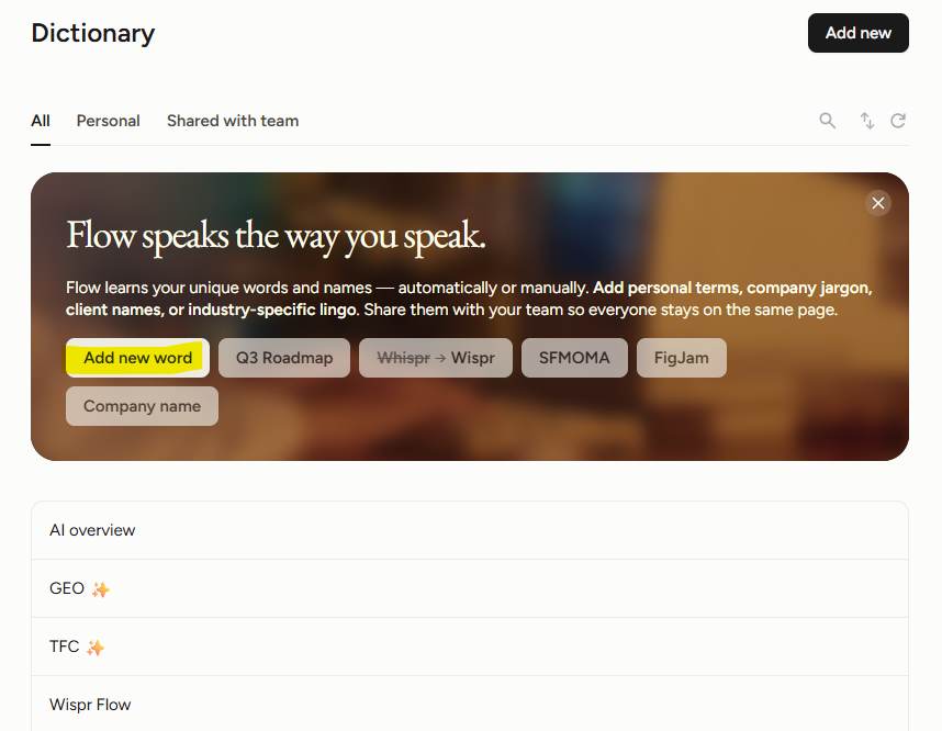 Wispr Flow — interface du dictionnaire personnel